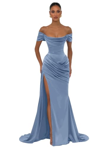 PHFFEC Mermaid Satin Formal Dresses for Women Dusty Blue Off Shoulder Corset Long Bridesmaid Dress for Wedding US14