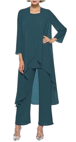 Women's Chiffon Pants Suits 3 Pieces Mother of the Bride Wedding Party Outfit Evening Dress Teal US16