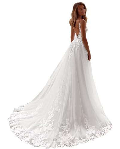 Spaghetti Straps Wedding Dresses for Bride V Neck Tulle Bridal Ball Gowns for Women 2026 Lace A-line Bride Dress White US12