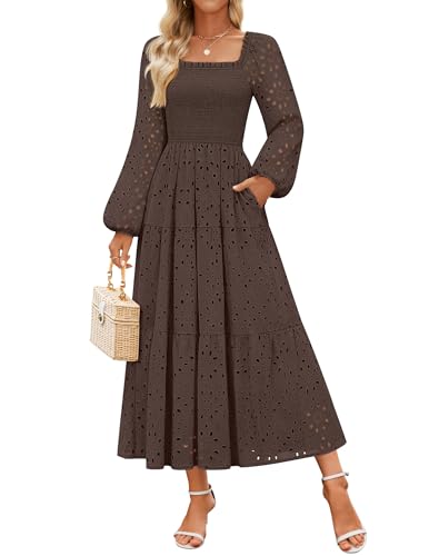 ZESICA Women's Eyelet Long Sleeve Maxi Wedding Guest Dresses Coffee M