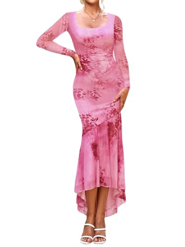 SEBOWEL Women's Floral Print Mesh Long Sleeve Bodycon Dress Ruched Mermaid Wedding Guest Dress Formal Cocktail Gown with Fish Tail Hem