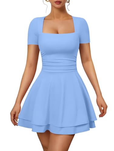 XXTAXN Womens Sexy Square Neck Short Sleeve Flowy Club Mini Dress Blue | Ruched Tiered, Ruffle Hem,Party Cocktail Birthday,Graduation Homecoming,Wedding Guest.Vacation Valentines Halloween, Church