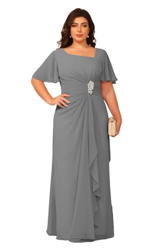 vintys Women's Chiffon Mother of The Bride Dress with Sleeves Long V Neck Formal Dress Ruched Gray Evening Gowns Size 16