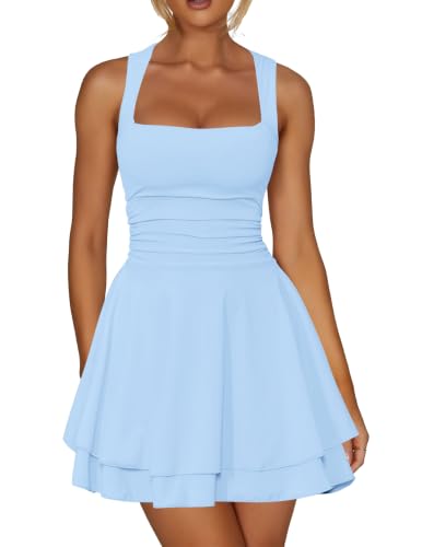 Kaximil Women's Square Neck Ruffle Hem Party Mini Dress, L, Baby Blue