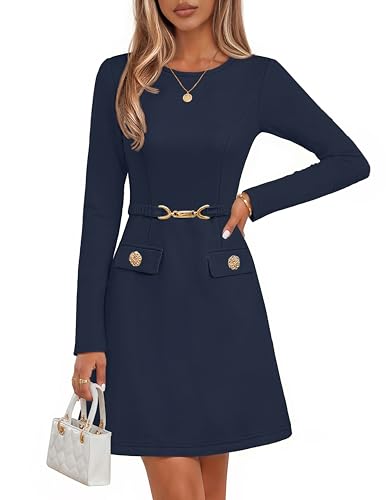MEROKEETY Women's Fall Business Casual Work Long Sleeve Mini Dress, Navy, M