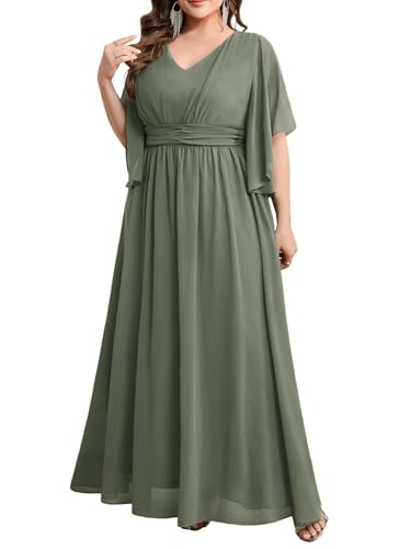 Plus Size Elegant Formal Chiffon Dress Maxi Bridesmaid Mother of The Bride Gala Evening Wedding Guest Gown, Sage Green, 5X