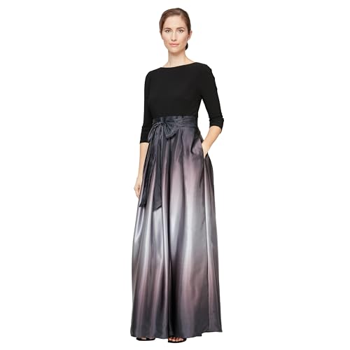 S.L. Fashions Women's Long Satin Mother of the Bride Dress with Pockets, Formal Party Gown, Black and Silver Petite, 4P