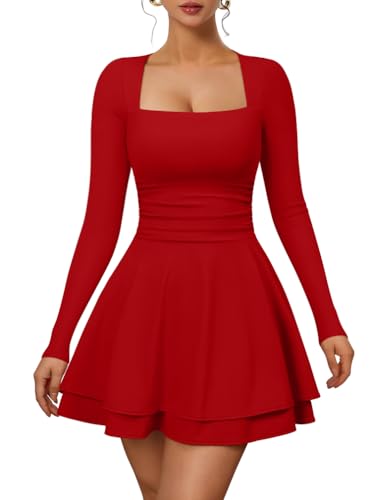 XXTAXN Womens Sexy Long Sleeve Square Neck Flowy Hem Mini Dress Red | Ruched High Waist Party Cocktail Semi Formal Graduation Homecoming Christmas Valentines Church Dress With Side Pocket