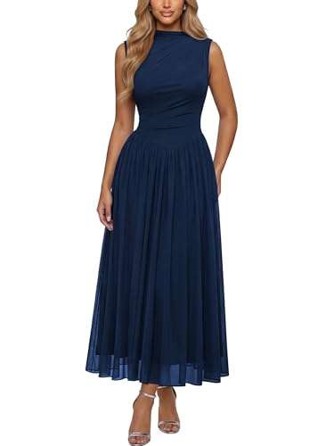 AISIZE Women's Mesh Sleeveless Flowy Ruched Waist Elegant Casual Dress