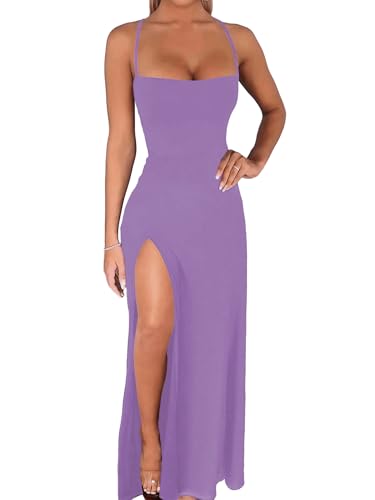 Ulovmi Formal Wedding Guest Dress Women Sexy Bodycon Elegant Maxi Gown for Evening Dinner Prom High Slit Square Neck Backless Spaghetti Strap Sleeveless Light Purple L