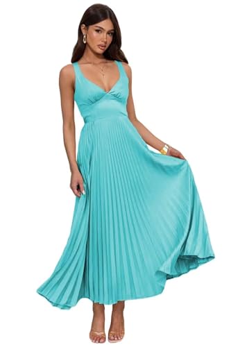 DVBTRGN Maxi Aqua Blue Bridesmaid Dresses for Women Aqua Blue Corset Pleated Satin Wedding Guest Dress Long V Neck Formal Party Gown US6