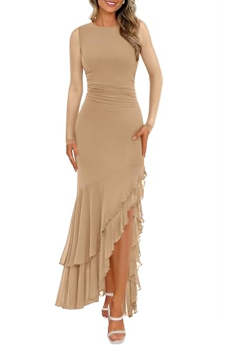 BTFBM Women's Maxi Dresses Fall 2026 Long Sleeve Wedding Guest Dress Khaki