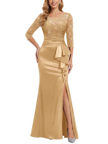 Miusol Women's Floral Lace Ruffle Slit Formal Party Maxi Dress Golden | Front Scoop Neck, Deep V-Back Cut, 3/4 Sleeve, Satin Flattering Hem, Formal Event Dress for Women