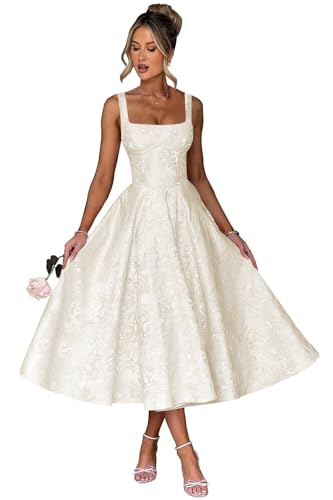 EBAKUS Jacquard Floral Satin Prom Dresses Midi Cheap Tea Length Spaghetti Straps Bridesmaid Dress for Women Ivory A-Line Square Neck Evening Dress with Pockets Size 2