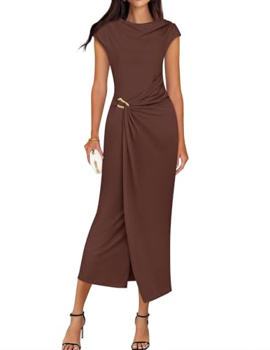 ZESICA Women's Summer Cap Sleeve Cocktail Formal Midi Dress Brown M | Bodycon Mock Neck, Flattering Hide Tummy Wrap Dress, Casual, Elegant Long Dresses for Wedding Guest Formal Party Work