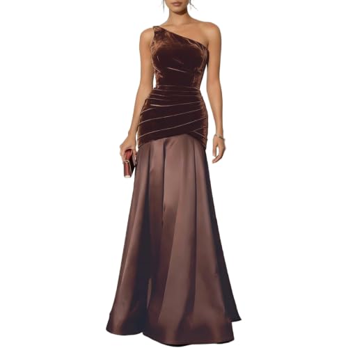 Genérico Women’s One Shoulder Velvet Maxi Dress Ruched Satin Formal Evening Gown (Brown,Medium)