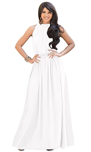 KOH KOH Womens Long Sleeveless Bridesmaid Halter Neck Wedding Party Guest Flowy Slimming Semi Formal Elegant Gala Ball Evening A-line Tall Gown Maxi Dress, Ivory White L 12-14