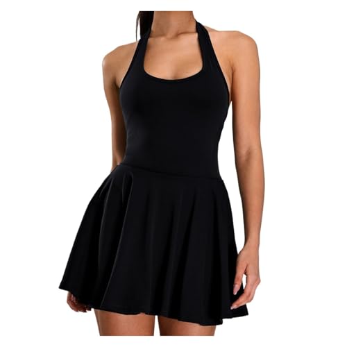 Naked Neck Hanging Beautiful Back Sports Jumpsuit Women's Fake Two Piece Outdoor Running Fitness Tennis Skirt(Black,M)
