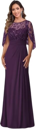 Sequin Lace Plum Mother of The Bride Dresses with Cape Sleeve Chiffon Long Formal Dress for Women 12