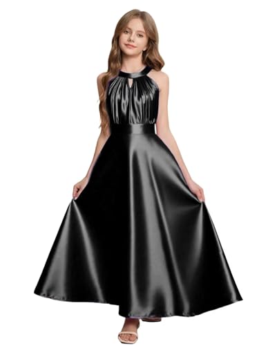PHILIZLE Halter Junior Bridesmaid Dresses for Teen Girls Satin Flower Girl Dress for Wedding
