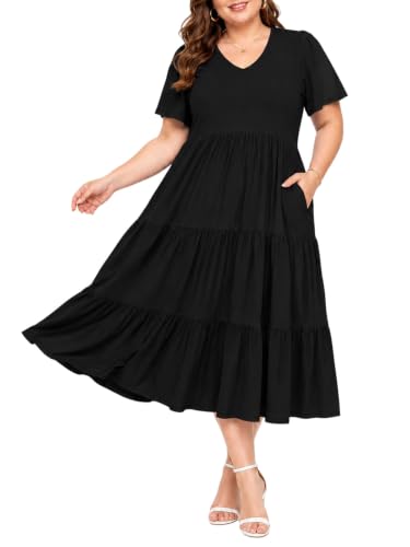 Women's Plus Size Summer Dresses Floral Casual Tiered Midi Dresses V-Neck Short Sleeve Long Maxi Dress with Pockets Black