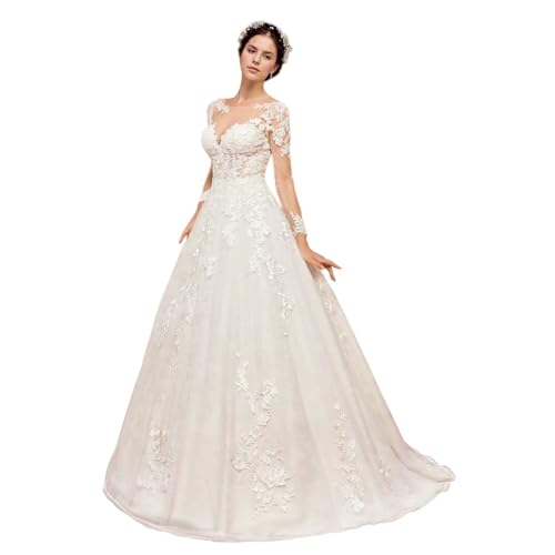 Jamille Women's Long Sleeve Wedding Dresses 2025 Empire Waist Illusion Bridal Gown A Line Formal Dress with Train Ivory 22 Plus JA0261