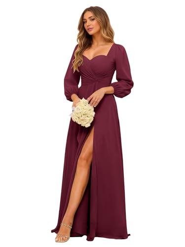 HLEPUN Mulberry Long Sleeve Bridesmaid Dresses with Slit for Wedding A-Line Chiffon Formal Party Dress for Wedding Guest Long Pleated Prom Party Gowns