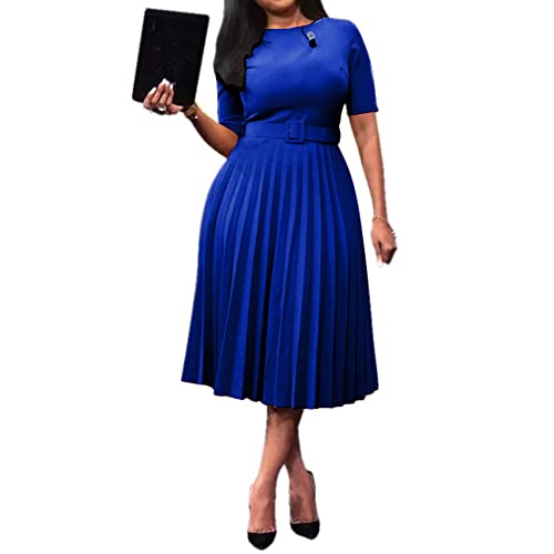 VERWIN Short Sleeve Round Neck Women's Maxi Dress Pleated Plain Belt Dress M Blue
