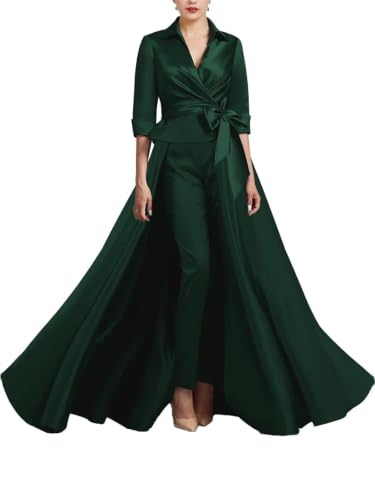 3 Pieces Jumpsuit Mother of The Bride Dress for Women V Neck Satin Elegant Formal Evening Dress for Women with Bow Dark Green Size 02