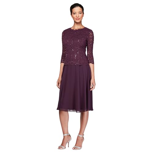 Alex Evenings Women's Tea Length Embroidered Bodice Mother of The Bride Gown, Wedding Guest Dress, Deep Plum, 14 Petite