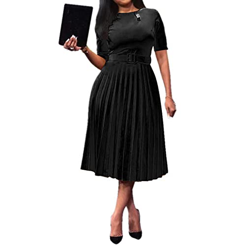 VERWIN Short Sleeve Round Neck Women's Maxi Dress Pleated Plain Belt Dress XL Black