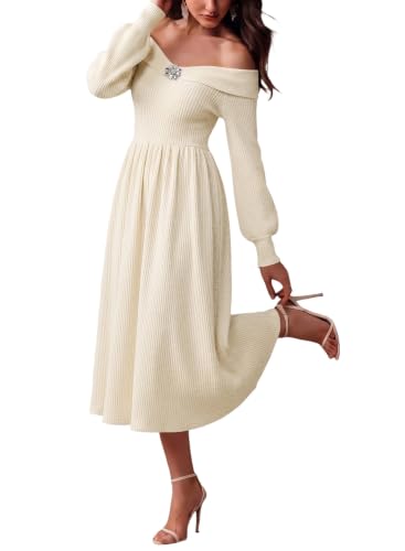 BLENCOT Womens Long Sleeve Off Shoulder Ribbed Sweater Midi Dresses Beige M