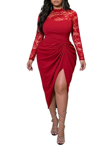 GORGLITTER Women's Plus Size Lace Long Sleeve Cocktail Birthday Midi Dress