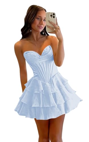 ieonoa Baby Blue Strapless Corset Homecoming Dresses 2026 for Teens