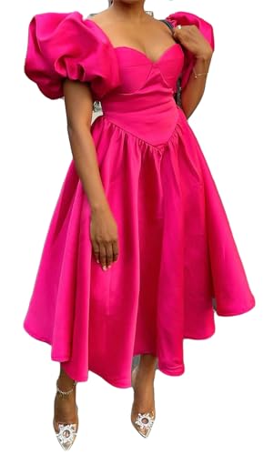 Qikaka Women's Puff Sleeve O Neck A-line Ruffles Satin Sexy Nightclub Party Long Prom Dress Rose Red