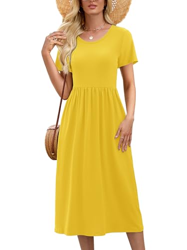 DEARCASE Short Sleeve Women's Midi Dress with Pockets,Bright Yellow,Medium | Empire Waist,casual loose,crewneck,round neck,midi length dresses for women,dress for party holiday teacher travel work