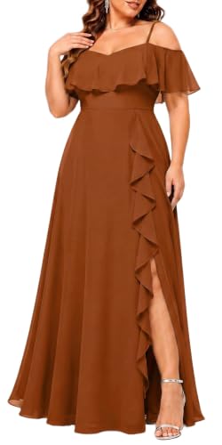 Plus Size Burnt Orange Formal Dresses Off Shoulder Chiffon High Slit Ruffle