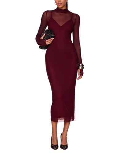 Women's 2 Piece Mesh Midi Dress Set Mock Neck Sheer Bodycon Cocktail Dress | 2 Piece Mesh Dress Set with High Neck Sheer Mesh Overlay and Bodycon Slip Dress for Cocktail Party Wedding Guest Date Night