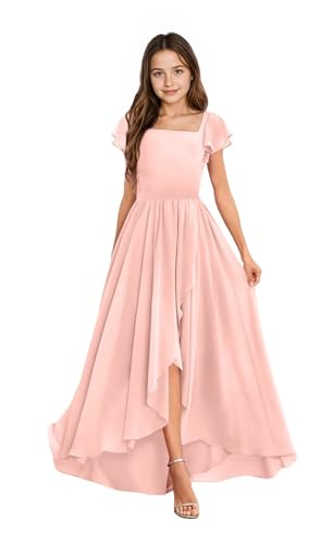 Farichos Junior Bridesmaid Dresses Chiffon Blush Pink Flower Girl Dress Short Sleeves Slit Wedding Guest Dresses for Girls 14-16