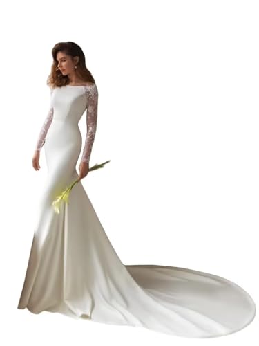 Boho Mermaid Wedding Dresses for Bride Long Sleeve Lace Applique Wedding Gowns with Train Backless Long White Bridal Dress for Women Us2