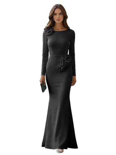 RYANTH Satin Mermaid Black Porm Dresses Long Long for Women 2026 Long Sleeve Flower Applique Formal Evening Gown Crewneck Wedding Party Dress Size 0