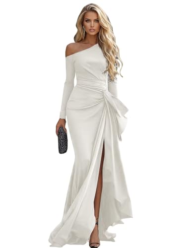 RYANTH Ivory One Shoulder Prom Dresses for Women Satin Mermaid Cocktail Gown Long Sleeve Formal Evening Party Gown Size 10