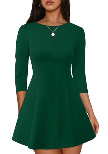 RUMIA Dresses for Women Casual A-Line 3/4 Sleeve Mini Dress DarkGreen XS | Boat Neck, A-line Silhouette, Hides the Tummy, Perfect Little Black Dress, Business Casual, Date Nights, Weddings, Funerals