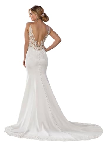 Mermaid Wedding Dress for Bride 2026 Boho Lace Bridal Gown Simple V Neck A Line Bridal Dress White US16