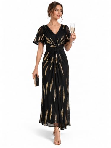 Ever-Pretty Women's Stretchy Sequin Midi Wedding Guest Cocktail Dresses | V Neck, Short Sleeve, Sheath, Twist-Front, Formal Evening Dress, Semi Formal Dress, Black Gold US14