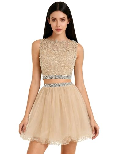Dydsz Women 2 Piece Lace Champagne Homecoming Dresses Short Party Gown 8