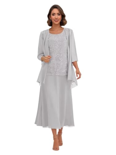 3 Pcs Mother of The Bride Fall Dresses Tea Length Silver Formal Dress with Jacket US 16