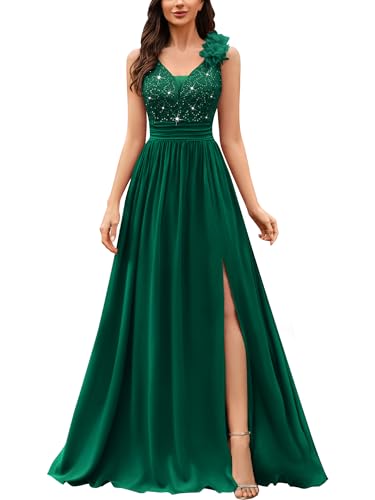 Miusol Women's V-Neck Sequined Lace Evening Maxi Dress Dark Green