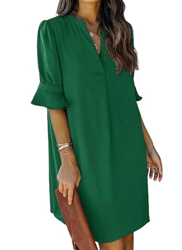 QACOHU Summer Green Dress Women V Neck Ruffle Sleeve Short Shift Dress M