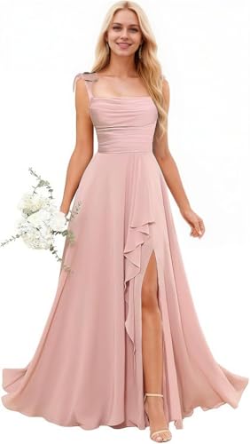 Eldecey Junior Bridesmaid Dresses Long Flower Girl Dress for Wedding Ruffle Spaghetti Straps Formal Dress for Girls Dusty Rose US0